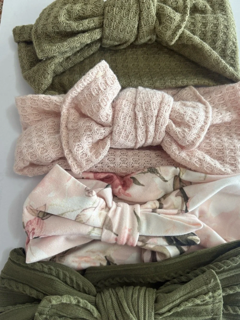 Set of Four Infant Knit Bow Headbands - Pink, Olive & Floral